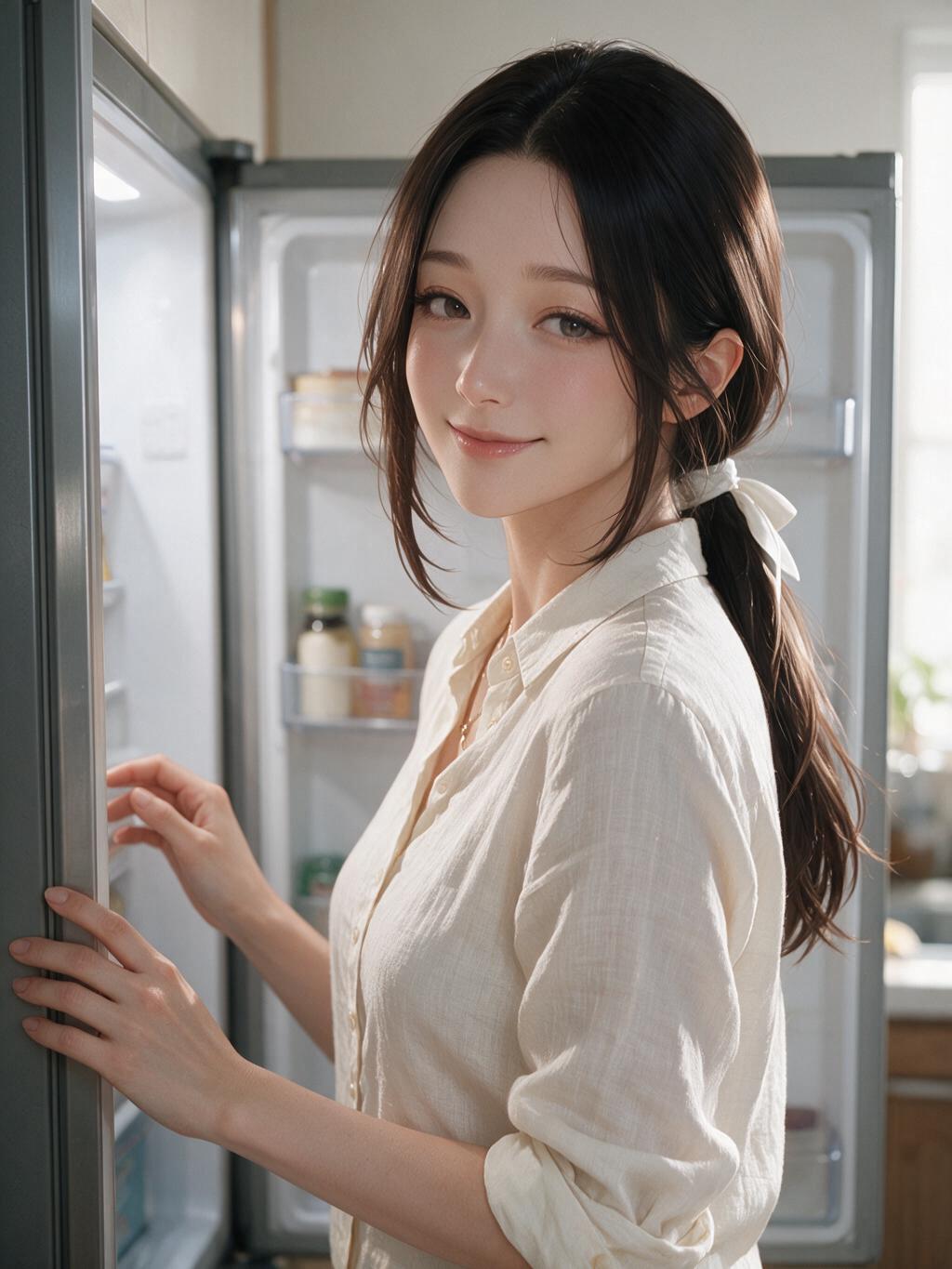 강미연 에디터 — 냉장고 앞에서 돌아보며
